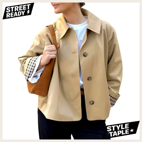 Cropped Trench Coat Lightweight Loose Fit Single Breasted Long Sleeve